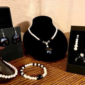 "Reinvented Vintage" Faceted Black and Faux Pearl Complete Set, Handcrafted